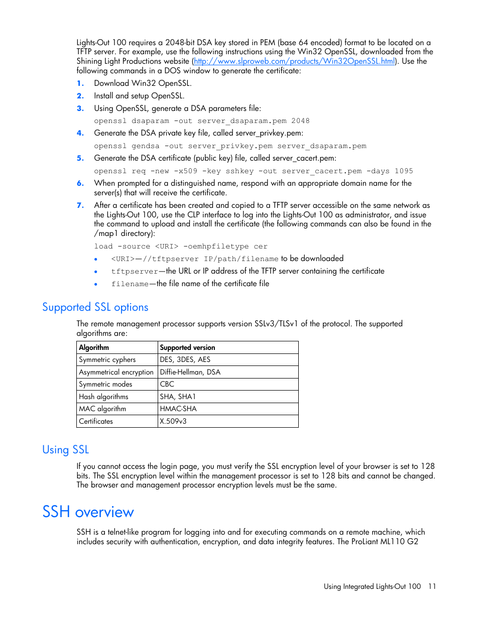 Supported ssl options, Using ssl, Ssh overview | HP Lights-Out 100 Remote Management User Manual | Page 11 / 32