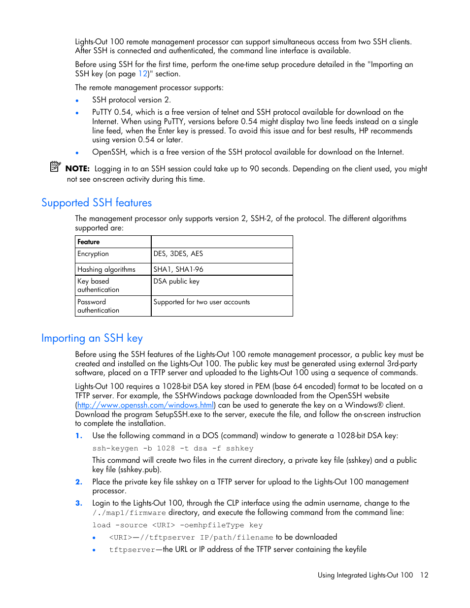 Supported ssh features, Importing an ssh key | HP Lights-Out 100 Remote Management User Manual | Page 12 / 32