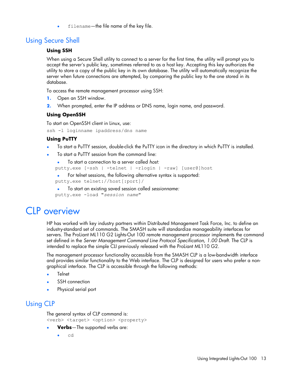 Using secure shell, Clp overview, Using clp | HP Lights-Out 100 Remote Management User Manual | Page 13 / 32