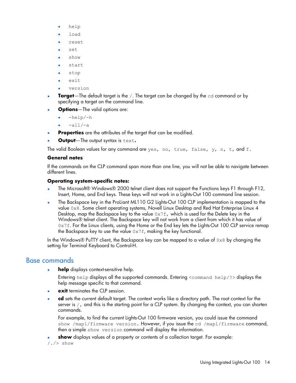 Base commands | HP Lights-Out 100 Remote Management User Manual | Page 14 / 32