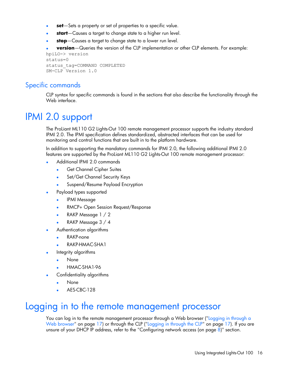 Specific commands, Ipmi 2.0 support, Logging in to the remote management processor | 16 logging in to the remote management processor | HP Lights-Out 100 Remote Management User Manual | Page 16 / 32