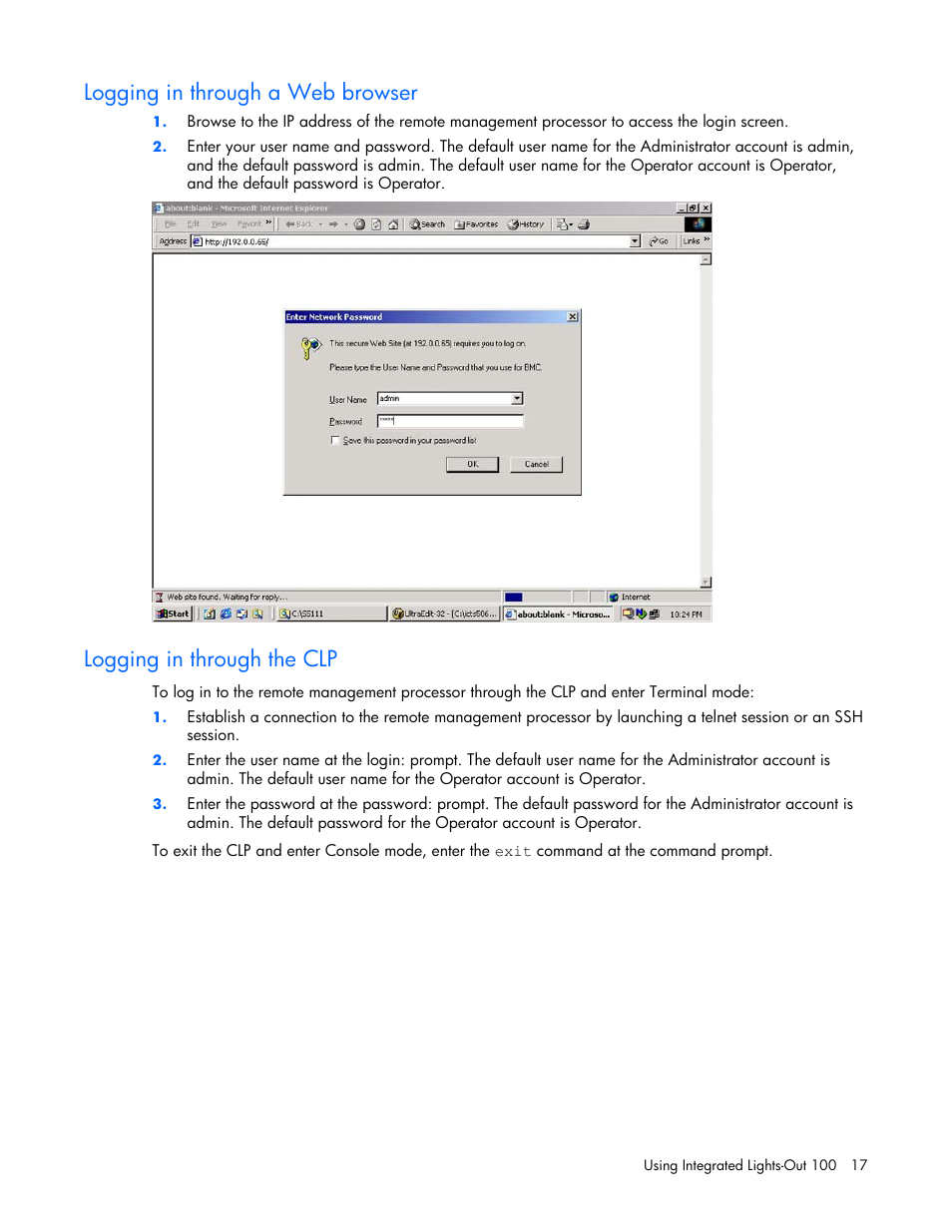 Logging in through a web browser, Logging in through the clp, Logging in through a | Web browser, Or through the clp, If y | HP Lights-Out 100 Remote Management User Manual | Page 17 / 32