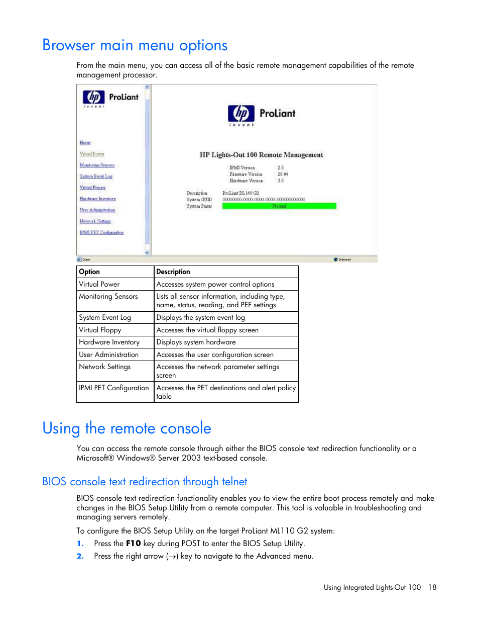 Browser main menu options, Using the remote console, Bios console text redirection through telnet | 18 using the remote console | HP Lights-Out 100 Remote Management User Manual | Page 18 / 32