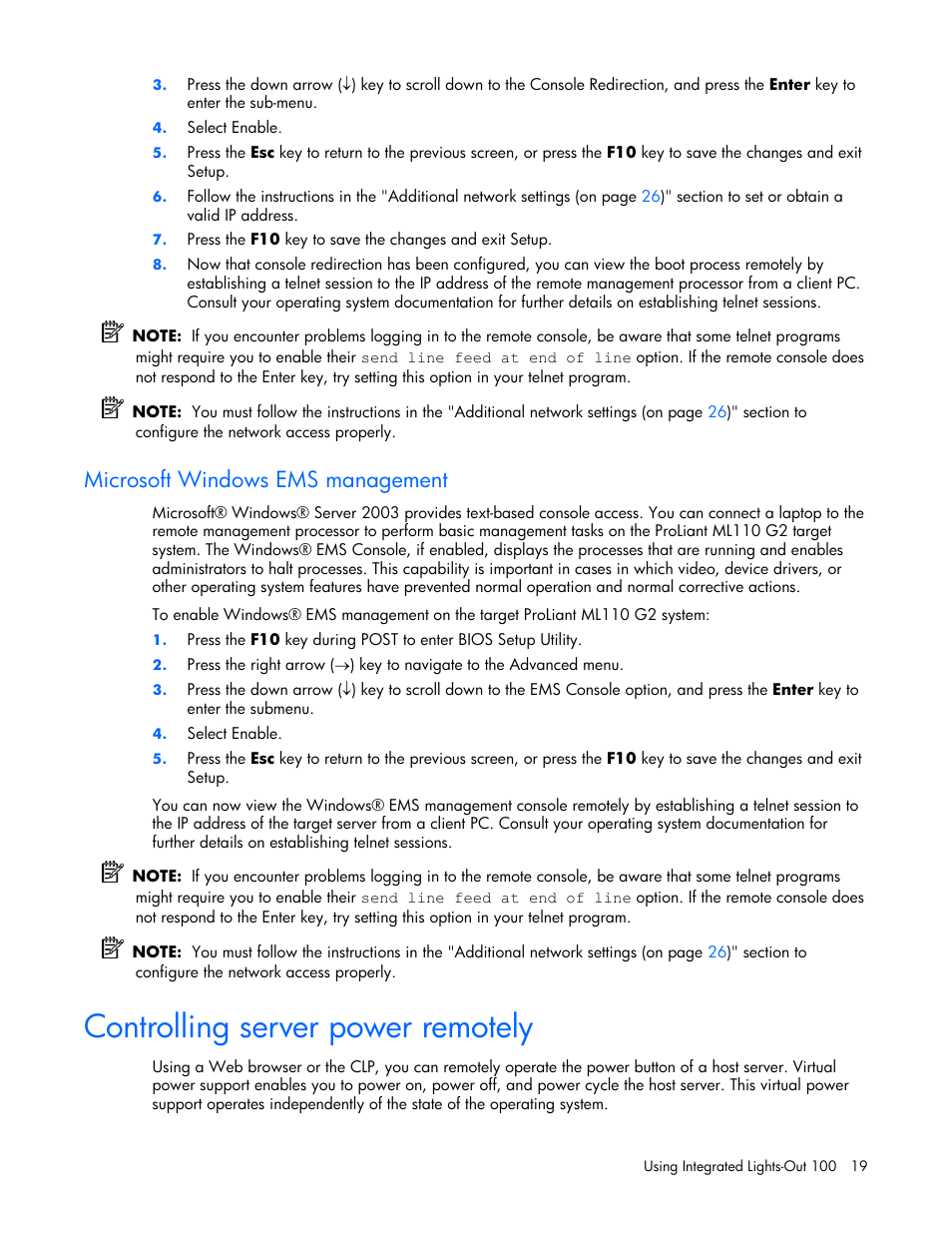 Microsoft windows ems management, Controlling server power remotely | HP Lights-Out 100 Remote Management User Manual | Page 19 / 32