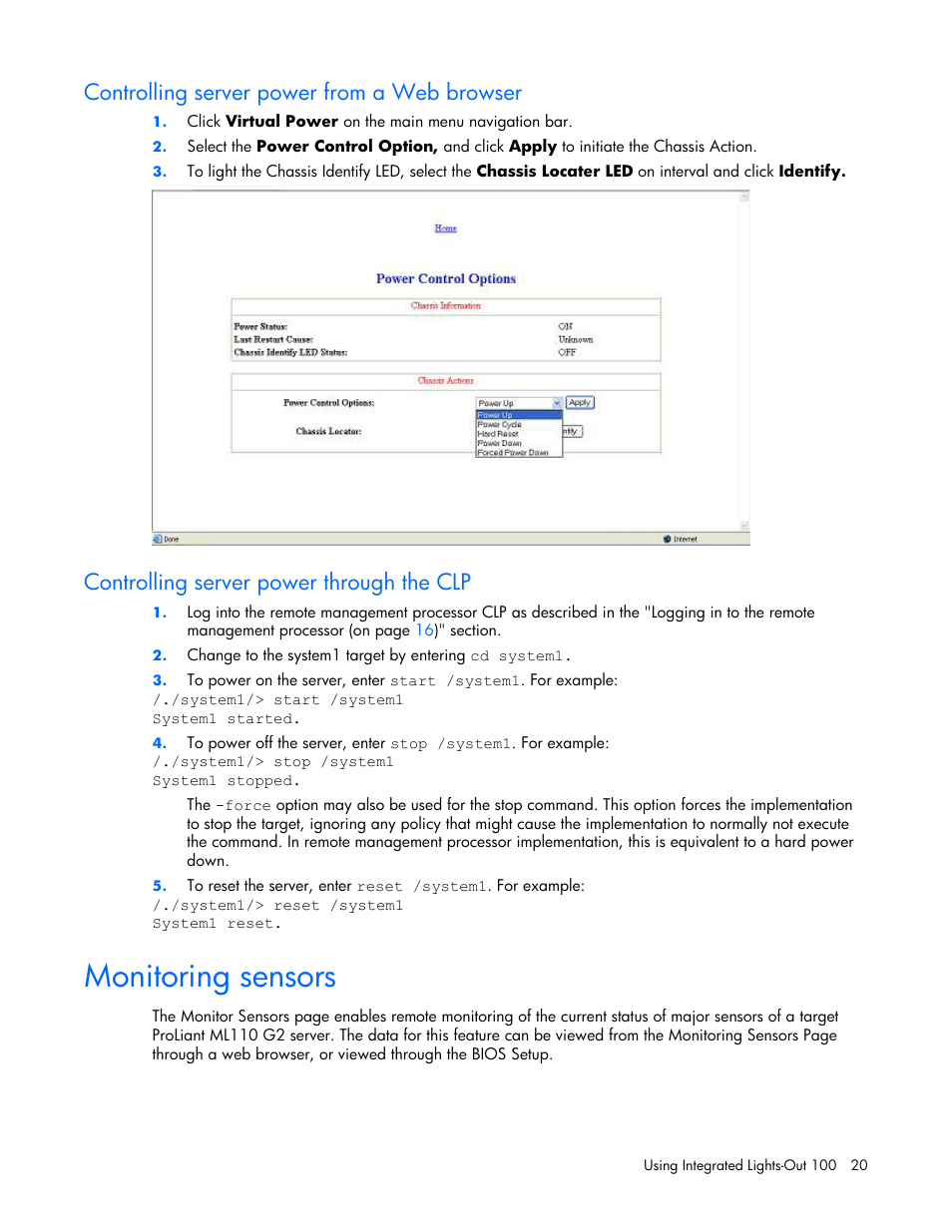 Controlling server power from a web browser, Controlling server power through the clp, Monitoring sensors | HP Lights-Out 100 Remote Management User Manual | Page 20 / 32