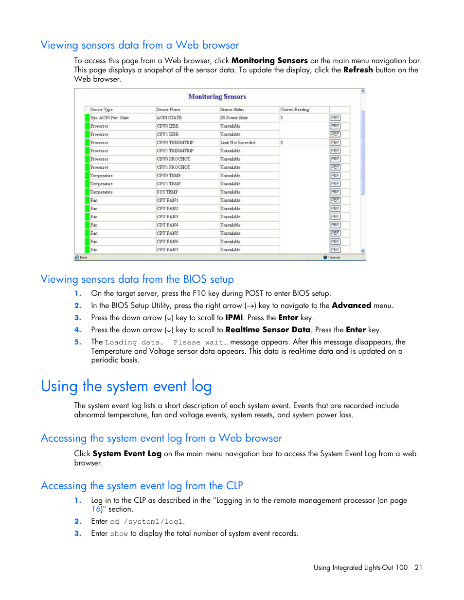 Viewing sensors data from a web browser, Viewing sensors data from the bios setup, Using the system event log | Accessing the system event log from a web browser, Accessing the system event log from the clp | HP Lights-Out 100 Remote Management User Manual | Page 21 / 32