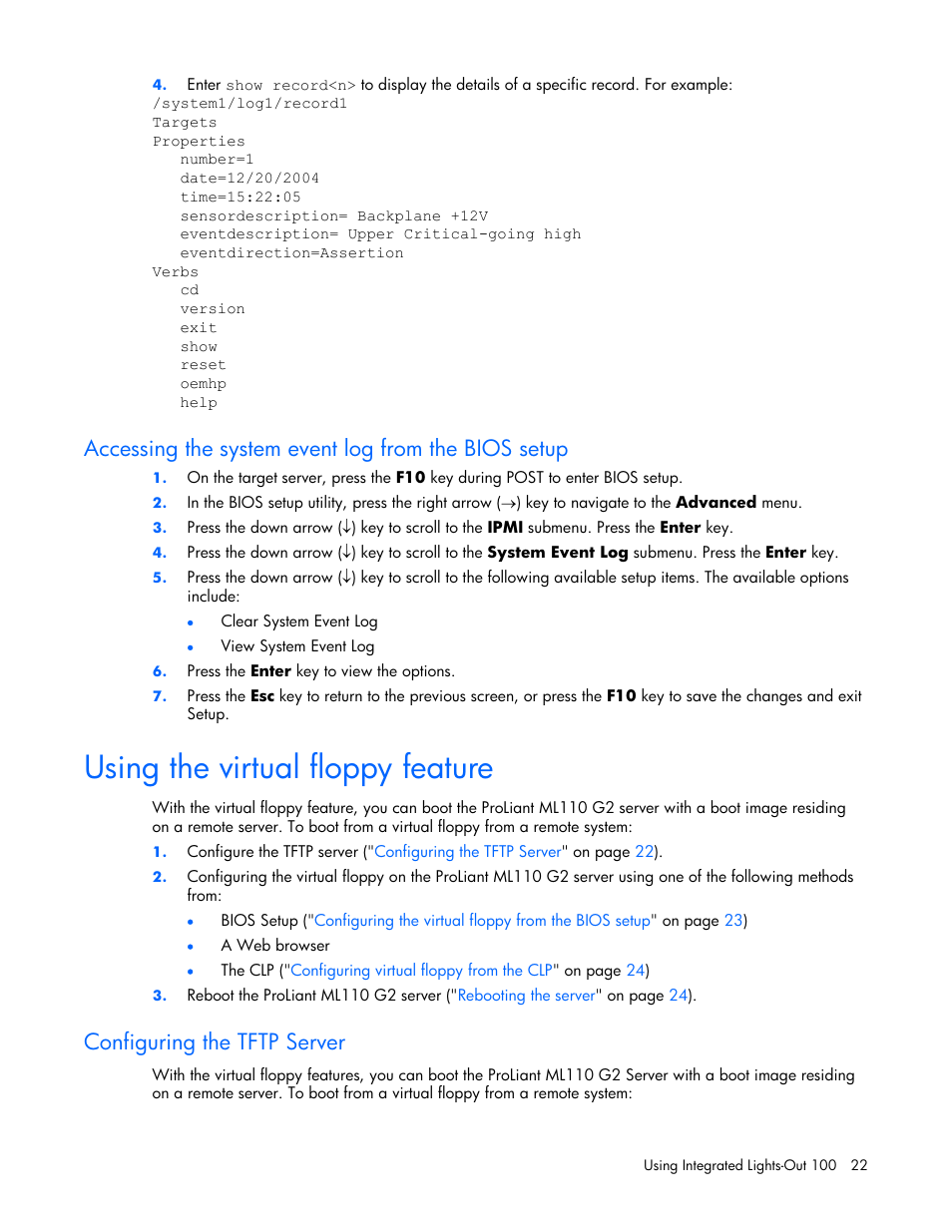 Accessing the system event log from the bios setup, Using the virtual floppy feature, Configuring the tftp server | HP Lights-Out 100 Remote Management User Manual | Page 22 / 32