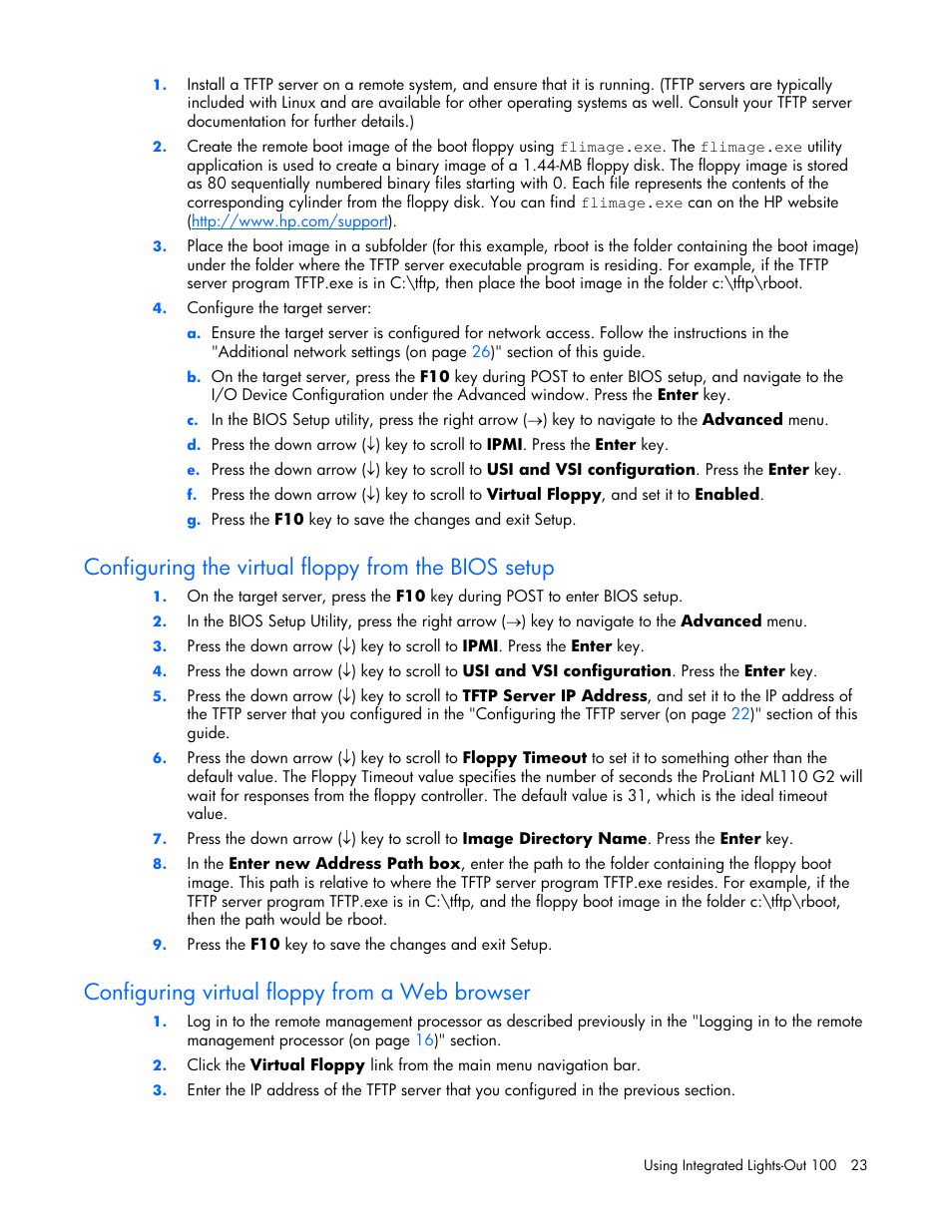 Configuring the virtual floppy from the bios setup, Configuring virtual floppy from a web browser | HP Lights-Out 100 Remote Management User Manual | Page 23 / 32