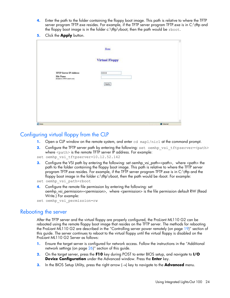 Configuring virtual floppy from the clp, Rebooting the server, On p | HP Lights-Out 100 Remote Management User Manual | Page 24 / 32