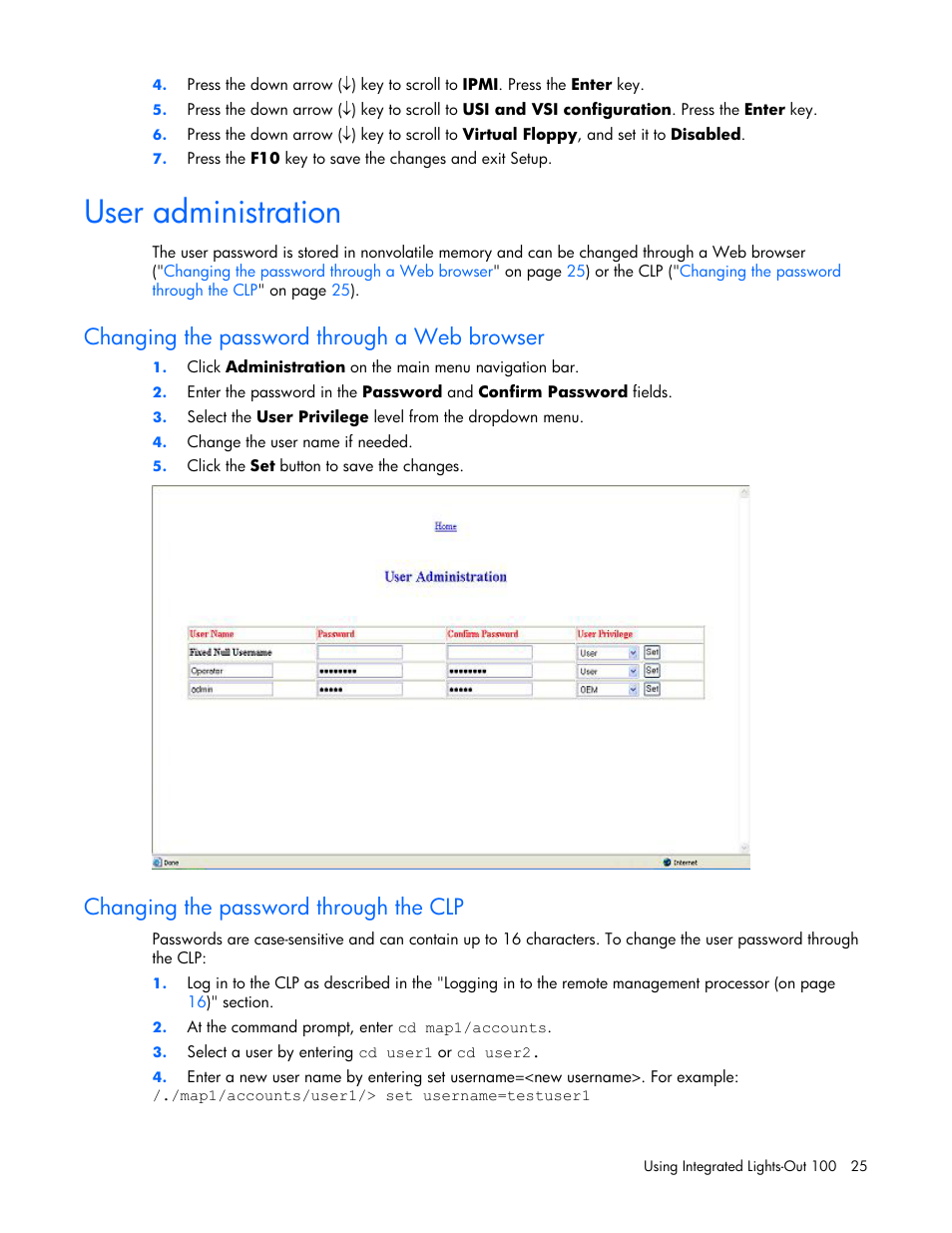 User administration, Changing the password through a web browser, Changing the password through the clp | HP Lights-Out 100 Remote Management User Manual | Page 25 / 32