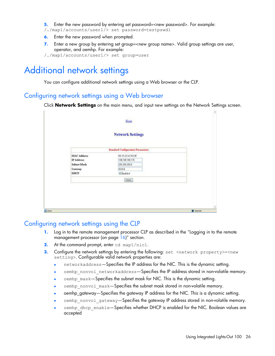 Additional network settings, Configuring network settings using a web browser, Configuring network settings using the clp | Section to set or obtain a, Section to, Section o | HP Lights-Out 100 Remote Management User Manual | Page 26 / 32