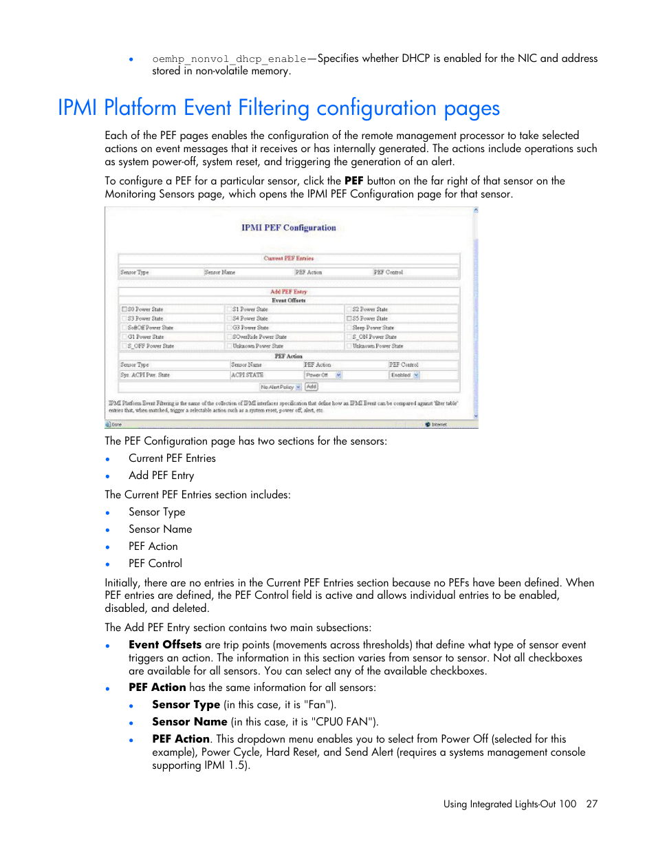 Ipmi platform event filtering configuration pages | HP Lights-Out 100 Remote Management User Manual | Page 27 / 32