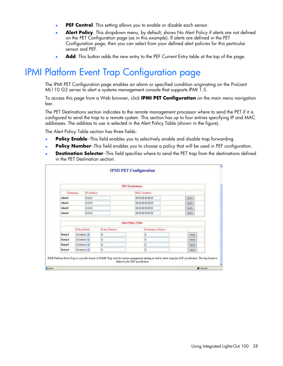 Ipmi platform event trap configuration page | HP Lights-Out 100 Remote Management User Manual | Page 28 / 32