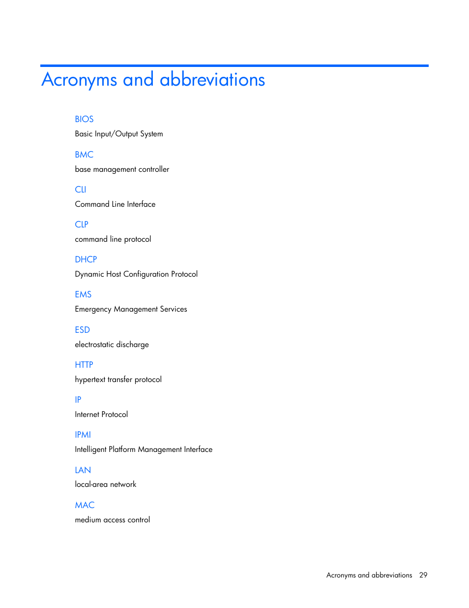 Acronyms and abbreviations | HP Lights-Out 100 Remote Management User Manual | Page 29 / 32