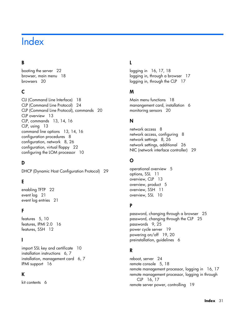 Index | HP Lights-Out 100 Remote Management User Manual | Page 31 / 32