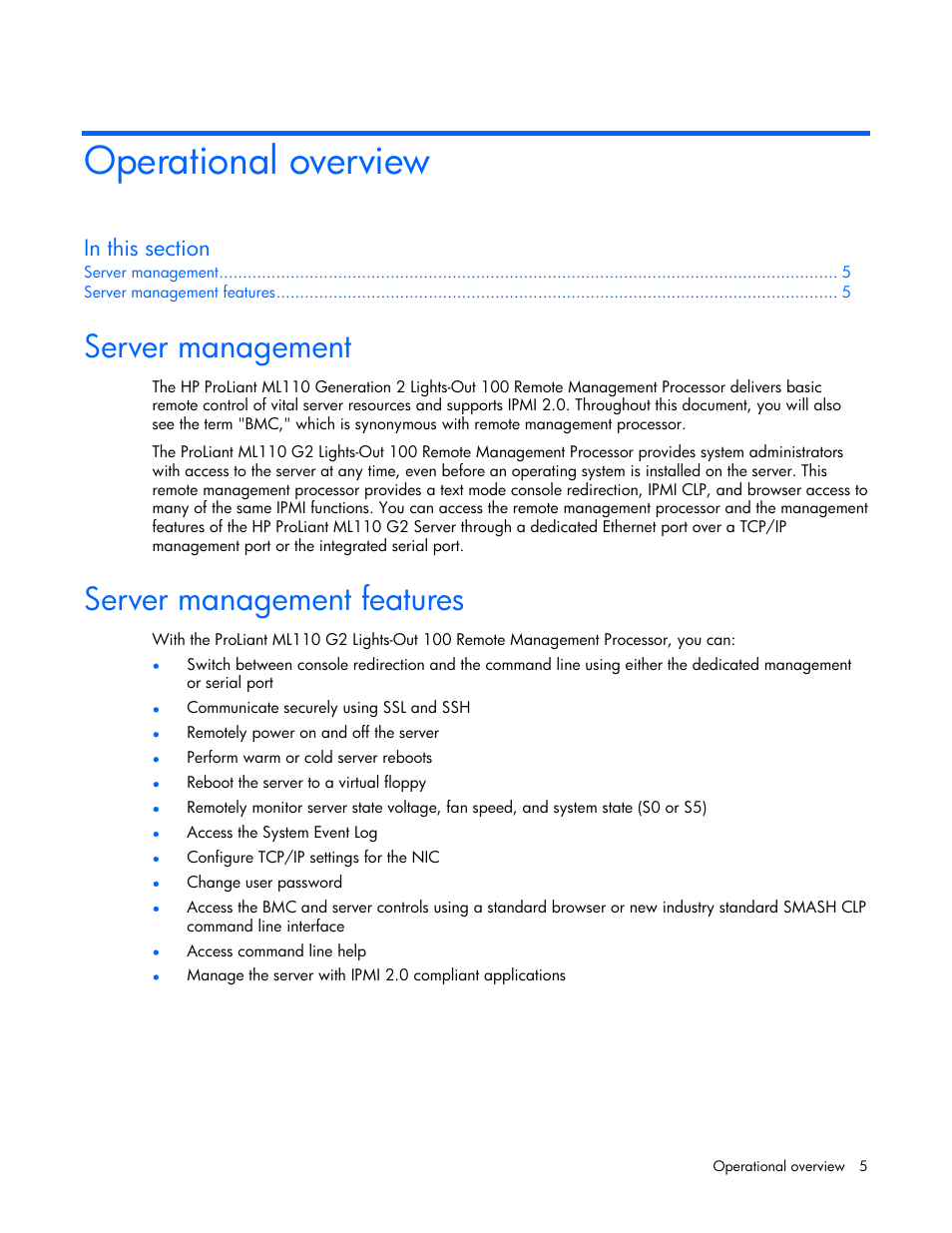 Operational overview, Server management, Server management features | HP Lights-Out 100 Remote Management User Manual | Page 5 / 32