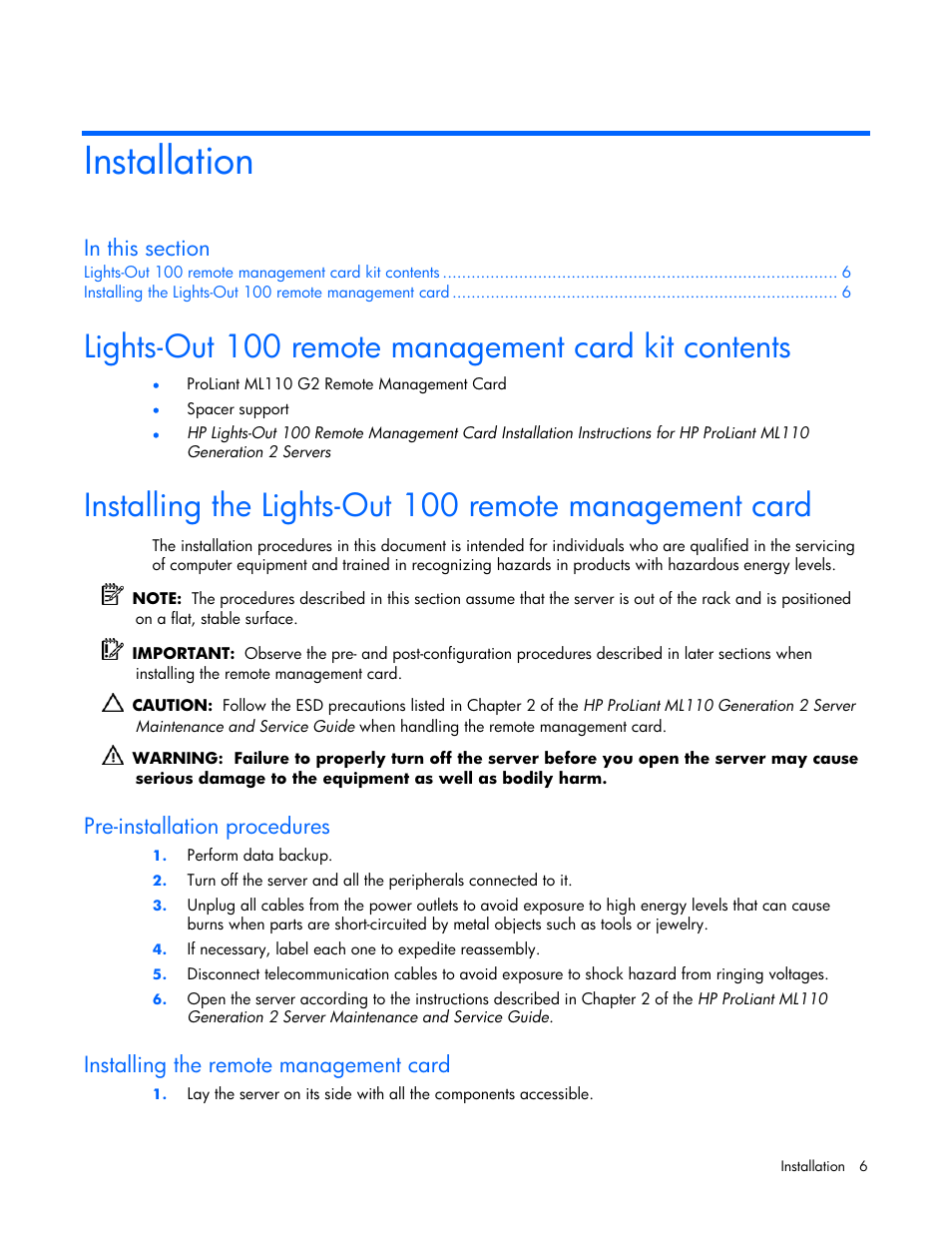 Installation, Lights-out 100 remote management card kit contents, Pre-installation procedures | Installing the remote management card | HP Lights-Out 100 Remote Management User Manual | Page 6 / 32