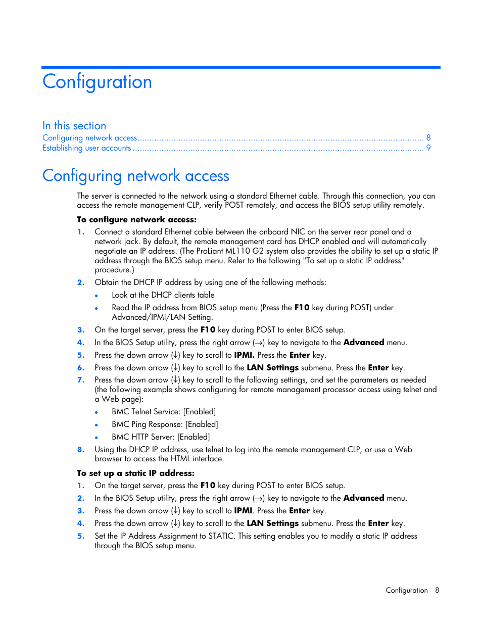 Configuration, Configuring network access | HP Lights-Out 100 Remote Management User Manual | Page 8 / 32