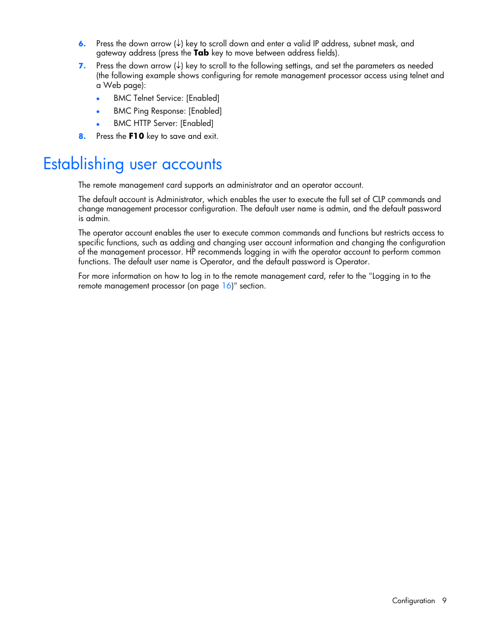 Establishing user accounts | HP Lights-Out 100 Remote Management User Manual | Page 9 / 32