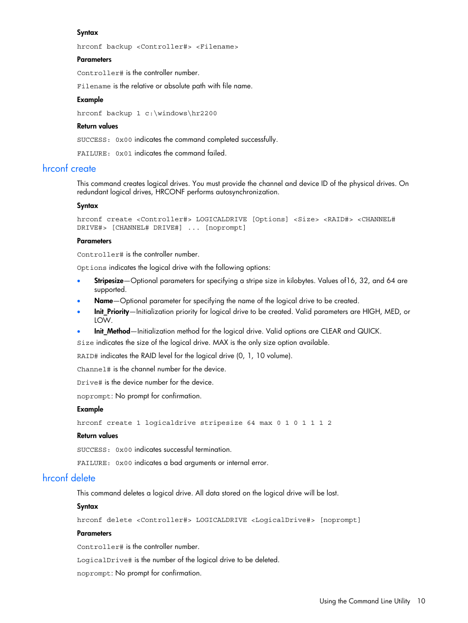 Hrconf create, Hrconf delete | HP ProLiant ML110 G4 Server User Manual | Page 10 / 16