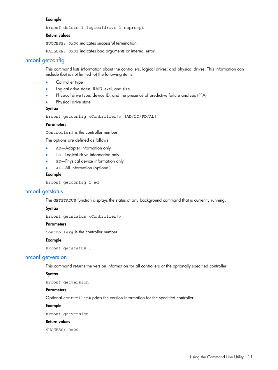 Hrconf getconfig, Hrconf getstatus, Hrconf getversion | HP ProLiant ML110 G4 Server User Manual | Page 11 / 16