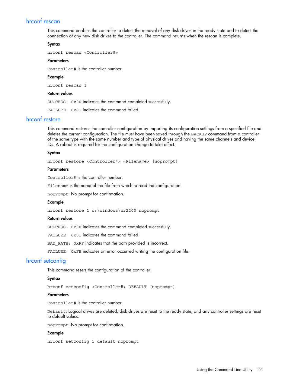 Hrconf rescan, Hrconf restore, Hrconf setconfig | HP ProLiant ML110 G4 Server User Manual | Page 12 / 16