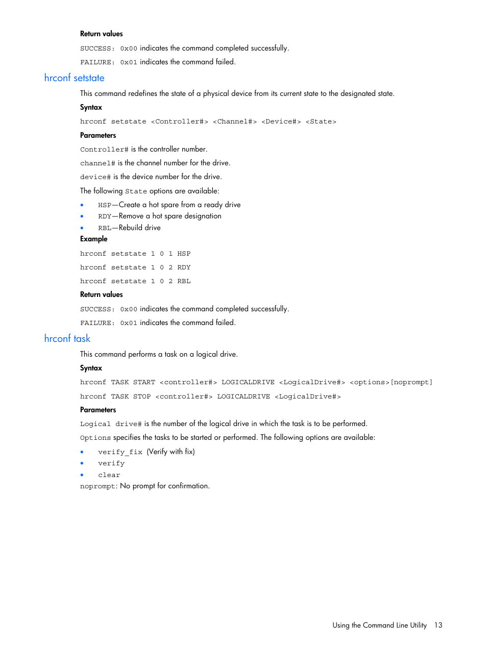 Hrconf setstate, Hrconf task | HP ProLiant ML110 G4 Server User Manual | Page 13 / 16