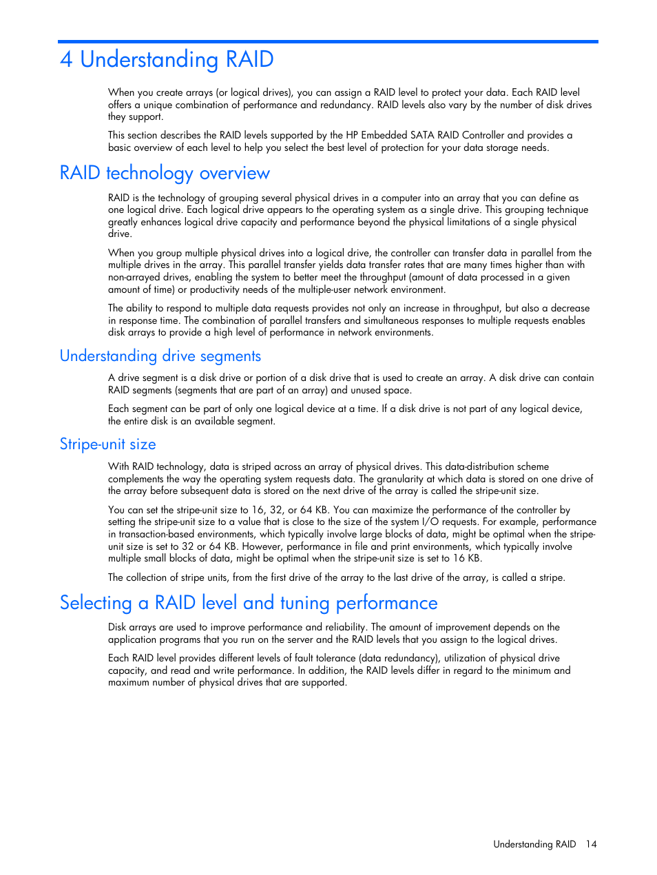 Understanding raid, Raid technology overview, Understanding drive segments | Stripe-unit size, Selecting a raid level and tuning performance, 4 understanding raid | HP ProLiant ML110 G4 Server User Manual | Page 14 / 16