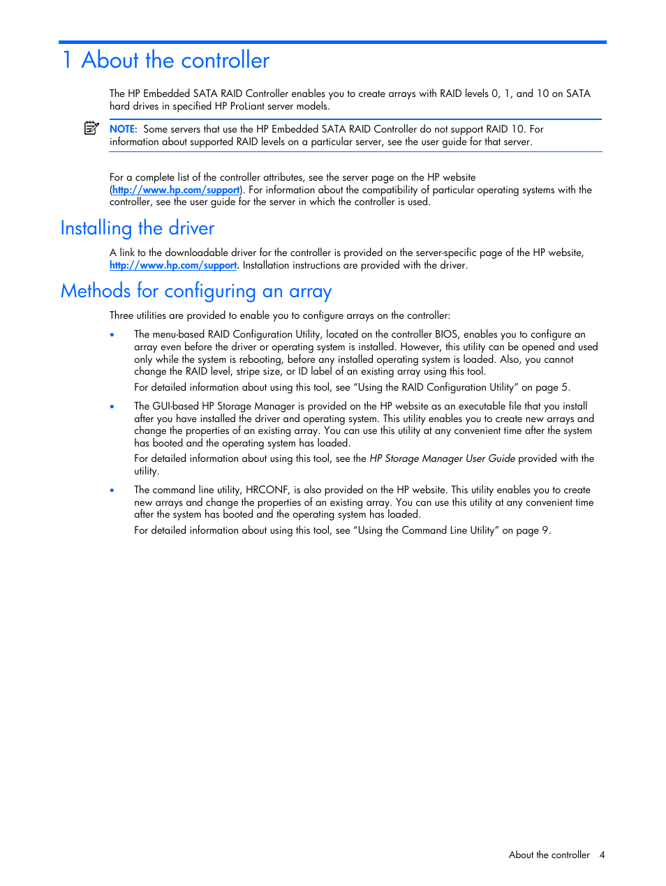 About the controller, Installing the driver, Methods for configuring an array | 1 about the controller | HP ProLiant ML110 G4 Server User Manual | Page 4 / 16