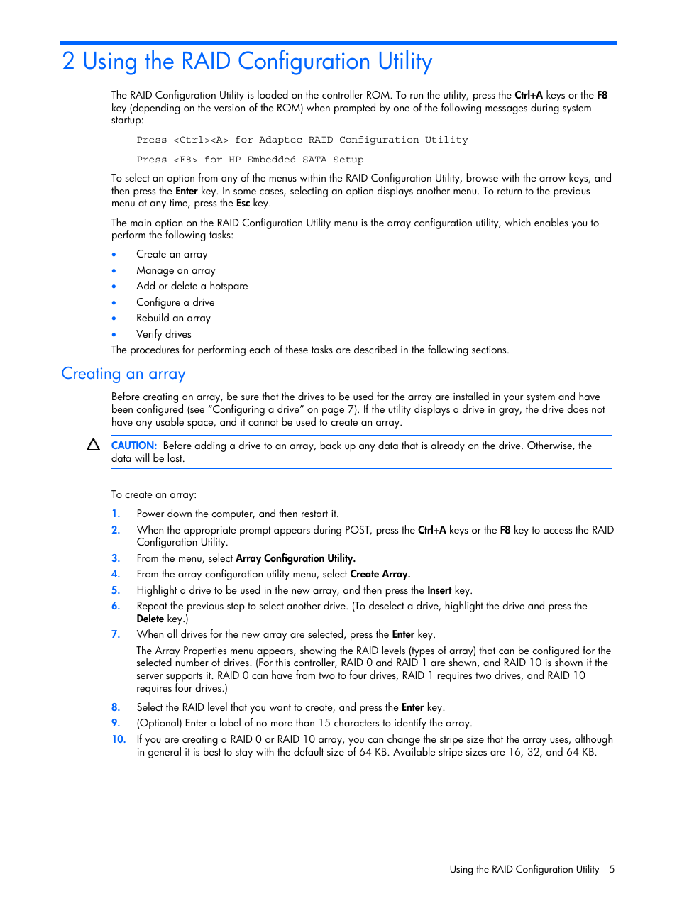 Using the raid configuration utility, Creating an array, 2 using the raid configuration utility | HP ProLiant ML110 G4 Server User Manual | Page 5 / 16