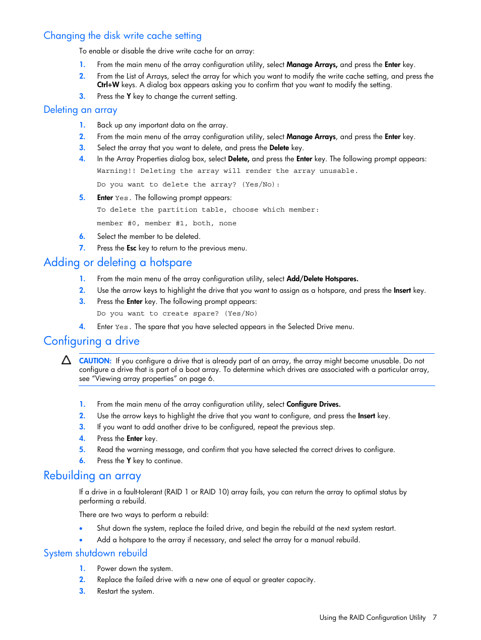 Changing the disk write cache setting, Deleting an array, Adding or deleting a hotspare | Configuring a drive, Rebuilding an array, System shutdown rebuild | HP ProLiant ML110 G4 Server User Manual | Page 7 / 16