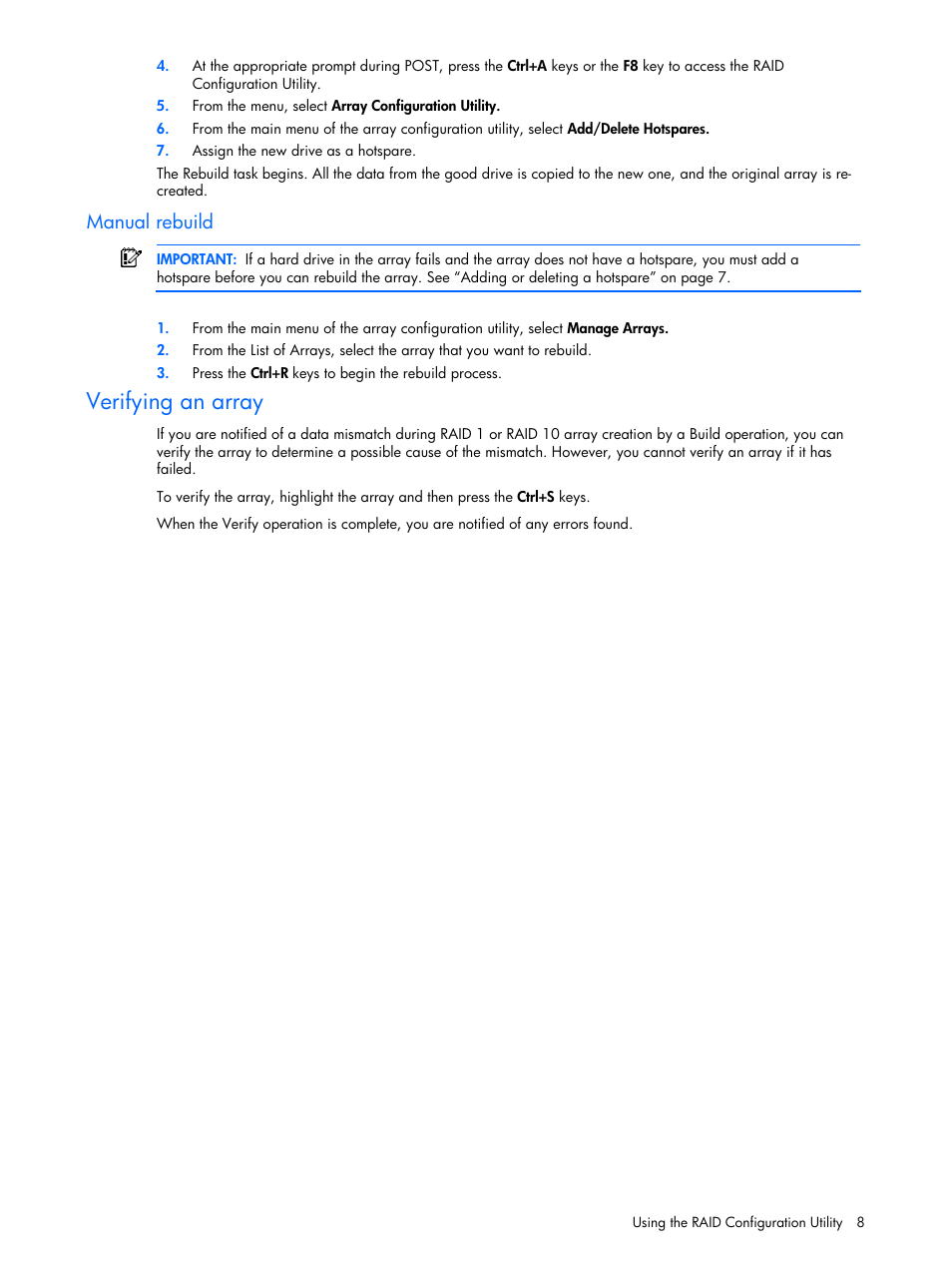 Manual rebuild, Verifying an array | HP ProLiant ML110 G4 Server User Manual | Page 8 / 16