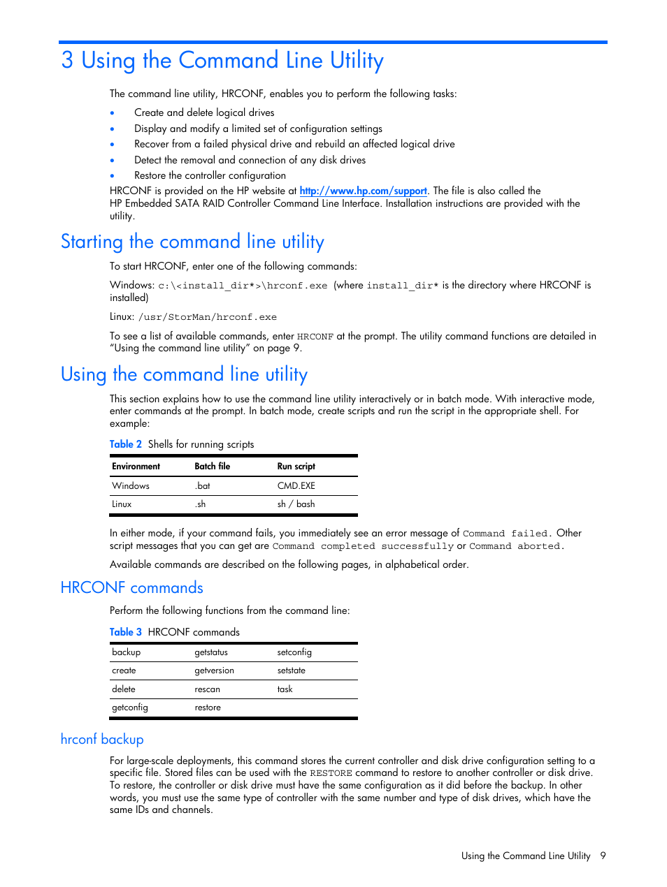 Using the command line utility, Starting the command line utility, Hrconf commands | Hrconf backup, 3 using the command line utility | HP ProLiant ML110 G4 Server User Manual | Page 9 / 16