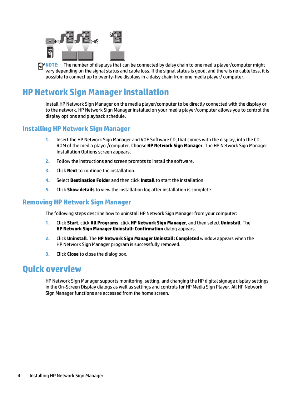 Hp network sign manager installation, Installing hp network sign manager, Removing hp network sign manager | Quick overview | HP LD5535 55-inch LED Digital Signage Display User Manual | Page 10 / 41