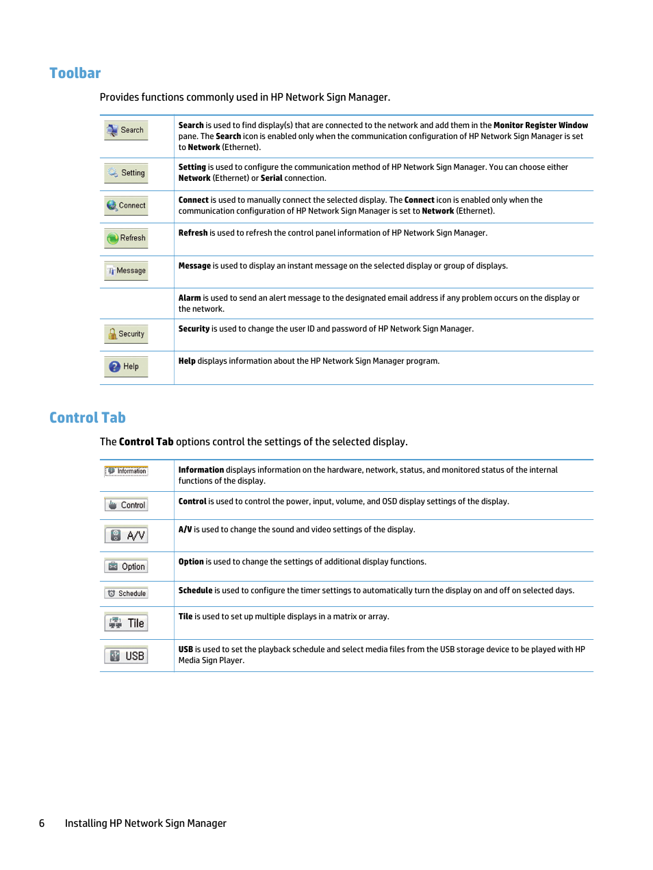 Toolbar, Control tab, Toolbar control tab | HP LD5535 55-inch LED Digital Signage Display User Manual | Page 12 / 41