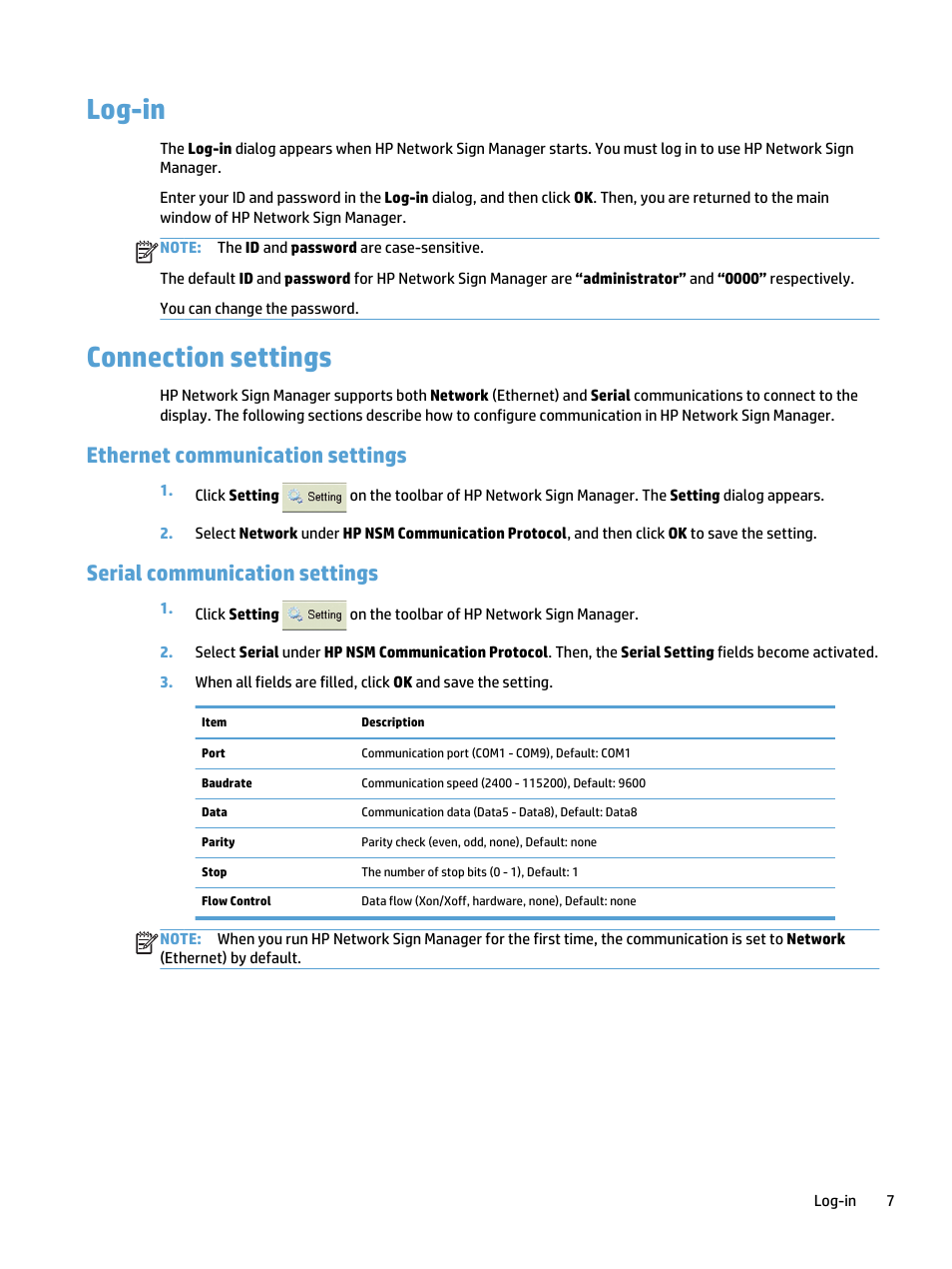 Log-in, Connection settings, Ethernet communication settings | Serial communication settings, Log-in connection settings | HP LD5535 55-inch LED Digital Signage Display User Manual | Page 13 / 41