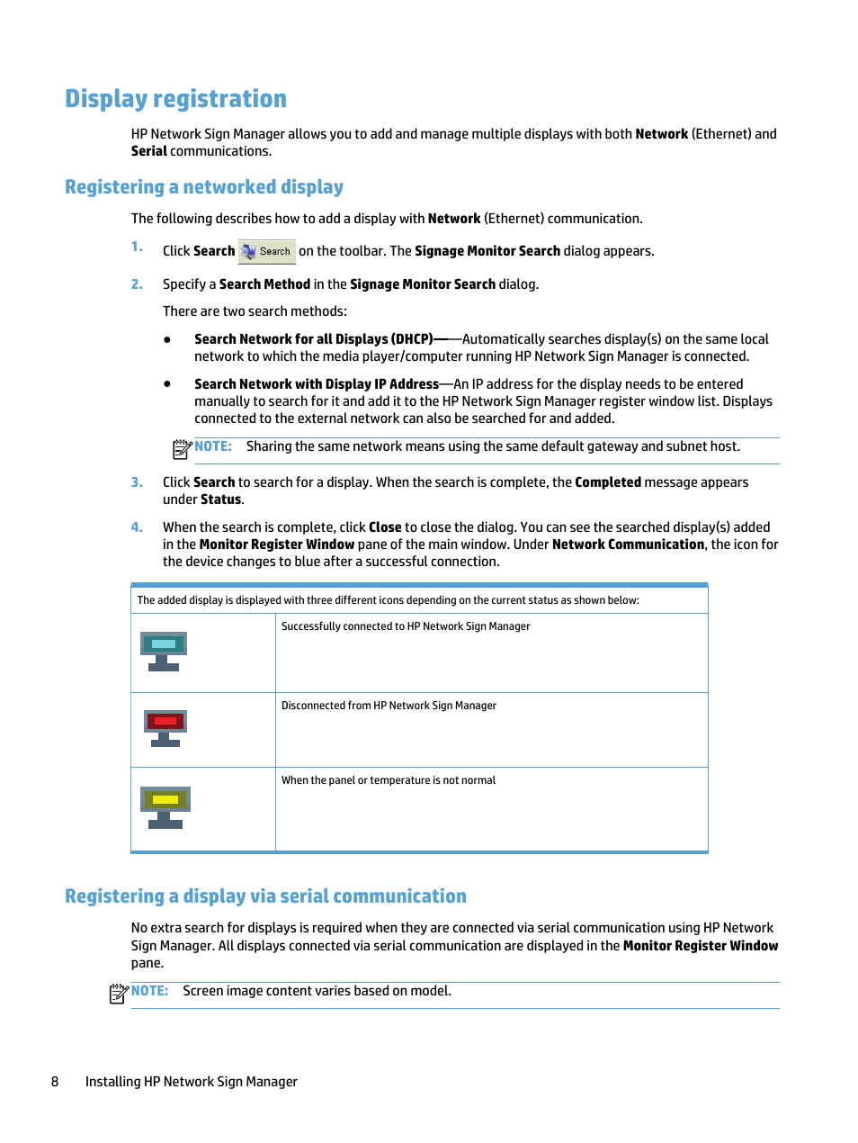 Display registration, Registering a networked display, Registering a display via serial communication | HP LD5535 55-inch LED Digital Signage Display User Manual | Page 14 / 41