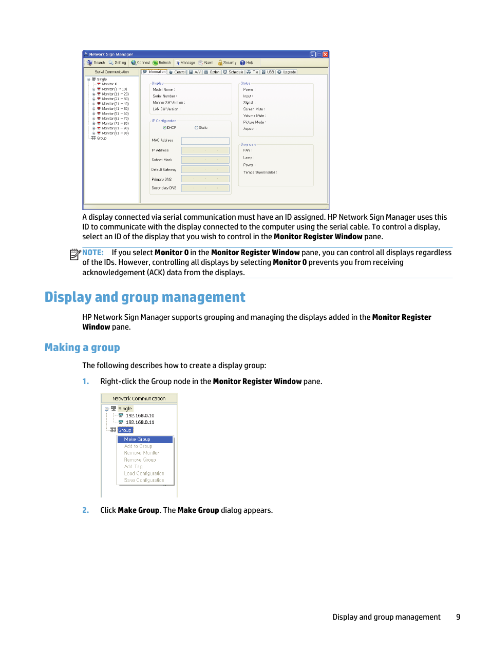 Display and group management, Making a group | HP LD5535 55-inch LED Digital Signage Display User Manual | Page 15 / 41