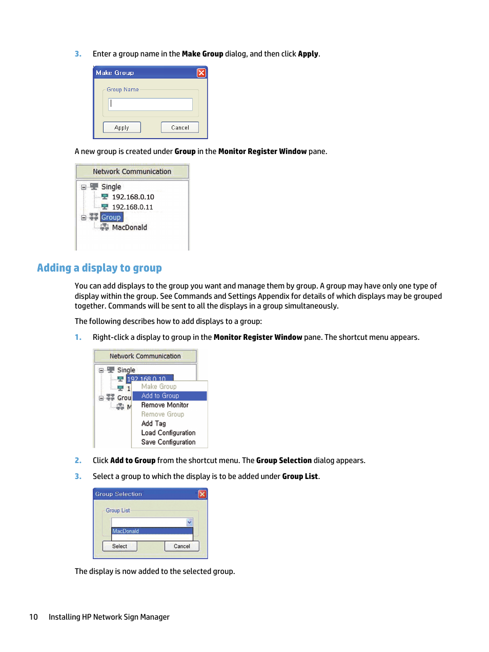 Adding a display to group | HP LD5535 55-inch LED Digital Signage Display User Manual | Page 16 / 41