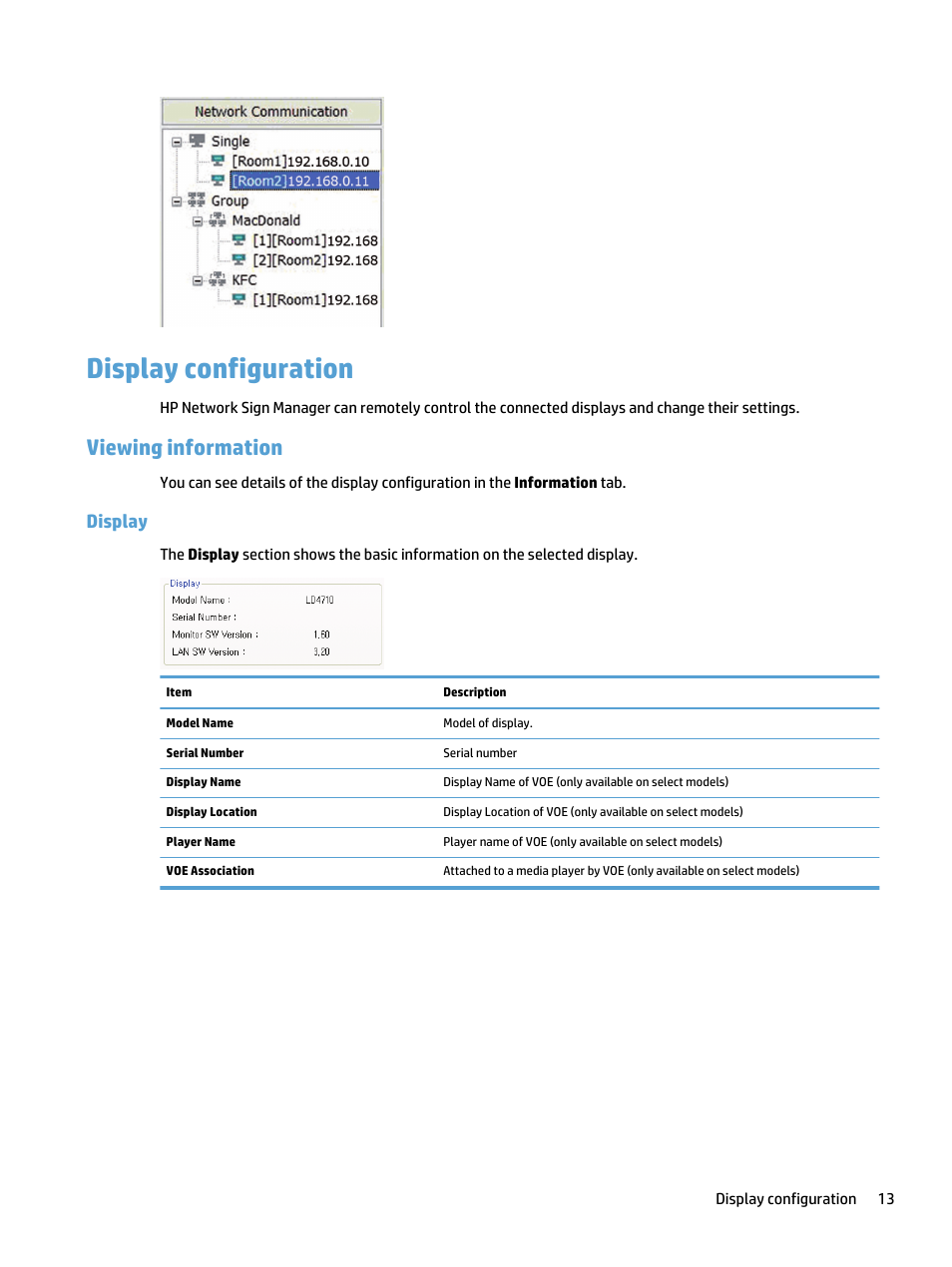 Display configuration, Viewing information, Display | HP LD5535 55-inch LED Digital Signage Display User Manual | Page 19 / 41