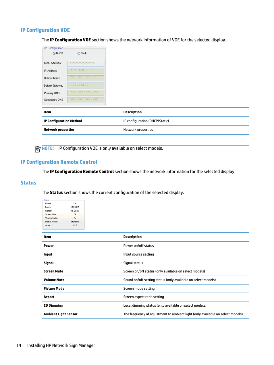 Ip configuration voe, Ip configuration remote control, Status | Ip configuration remote control status | HP LD5535 55-inch LED Digital Signage Display User Manual | Page 20 / 41