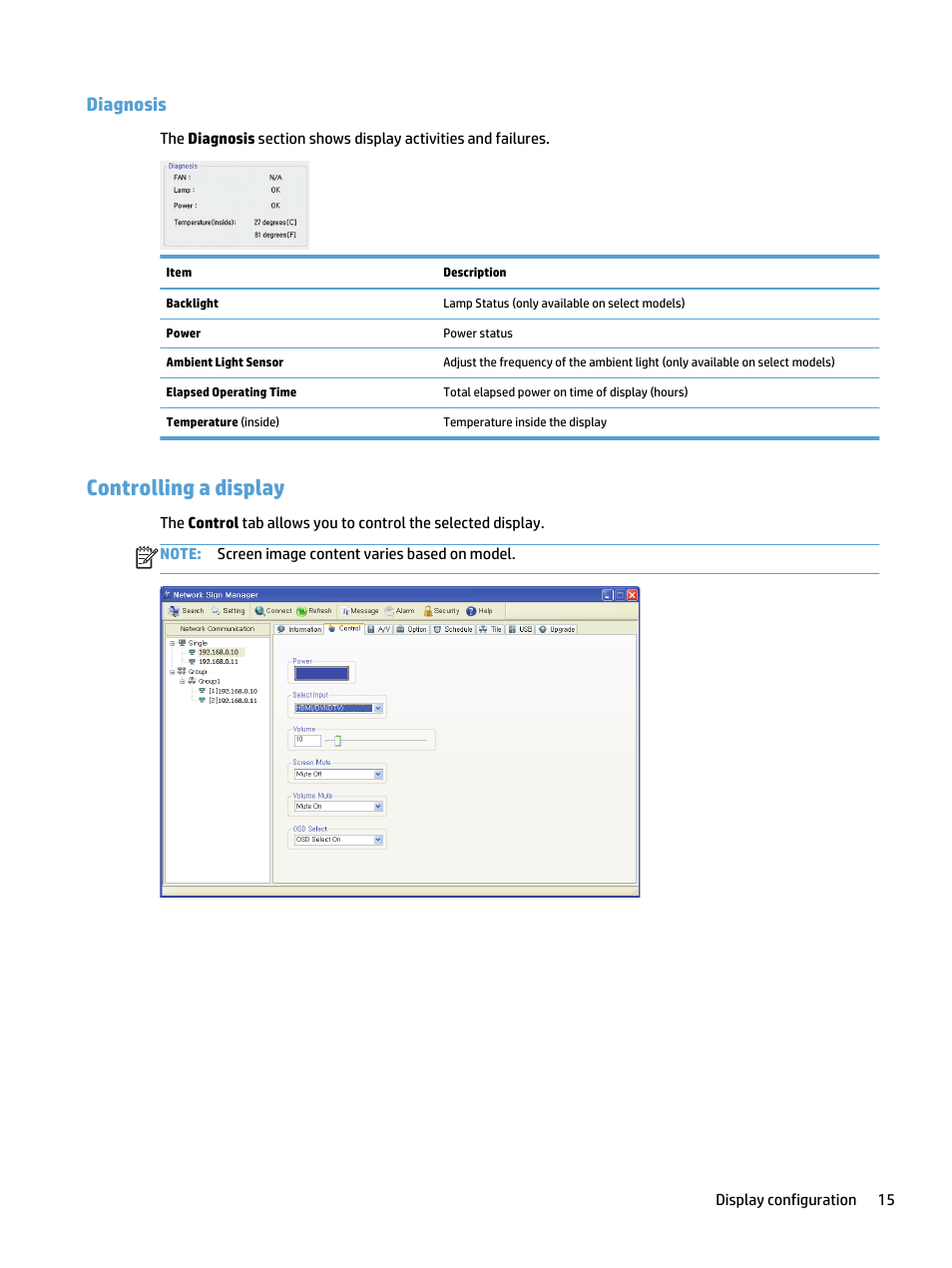 Diagnosis, Controlling a display | HP LD5535 55-inch LED Digital Signage Display User Manual | Page 21 / 41