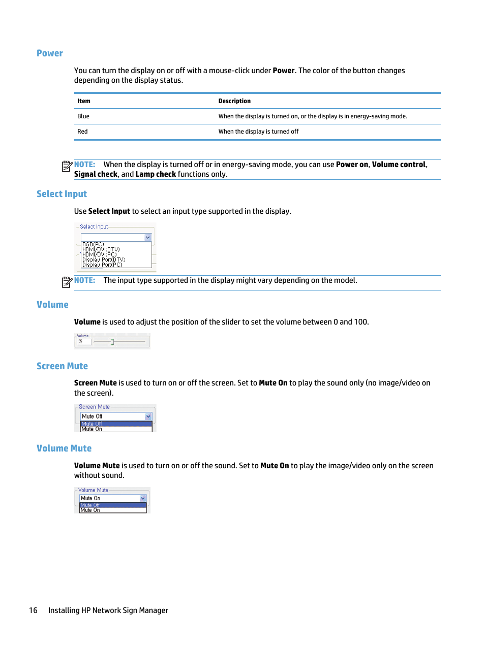 Power, Select input, Volume | Screen mute, Volume mute, Power select input volume screen mute volume mute | HP LD5535 55-inch LED Digital Signage Display User Manual | Page 22 / 41
