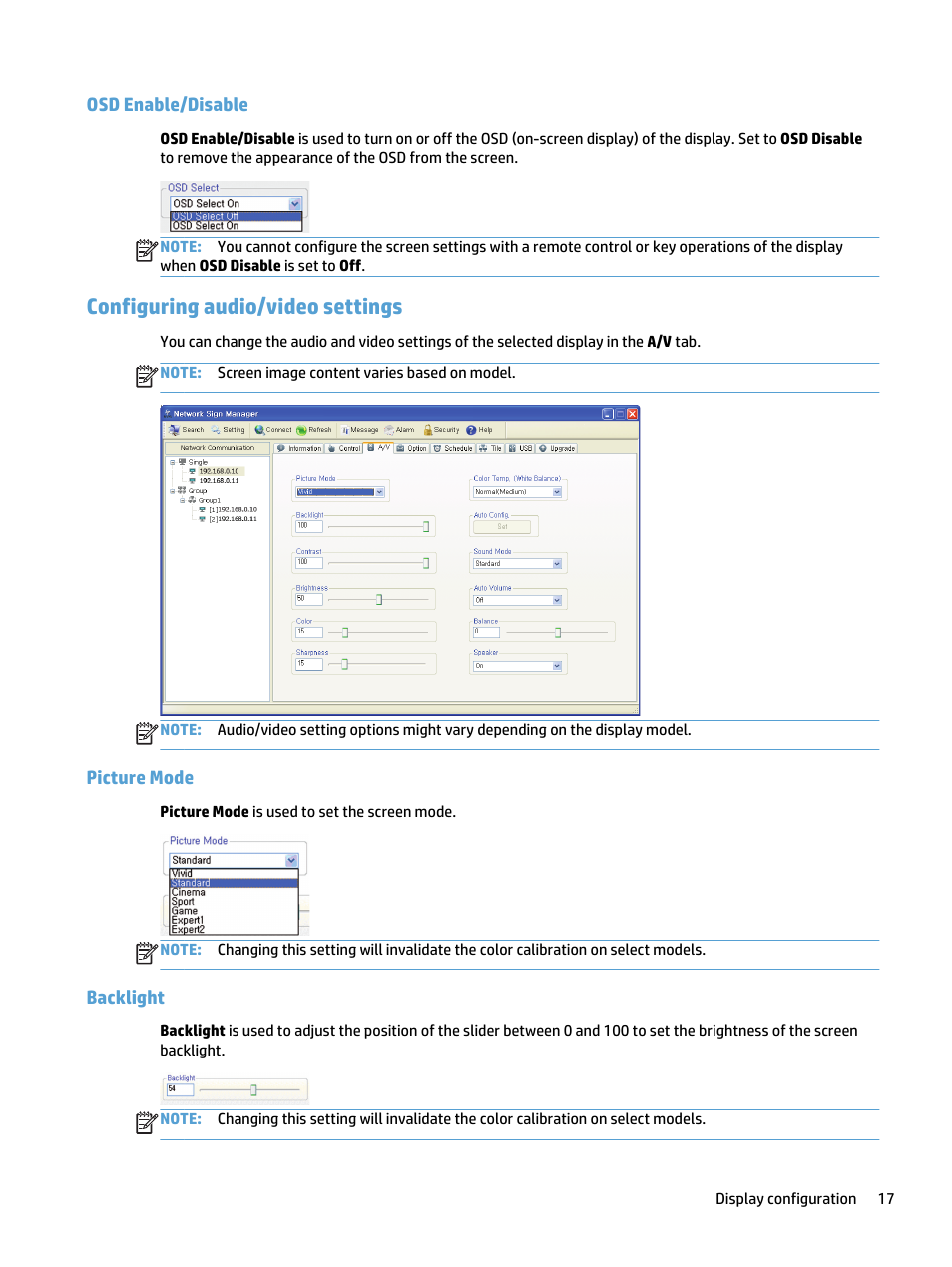 Osd enable/disable, Configuring audio/video settings, Picture mode | Backlight, Picture mode backlight | HP LD5535 55-inch LED Digital Signage Display User Manual | Page 23 / 41