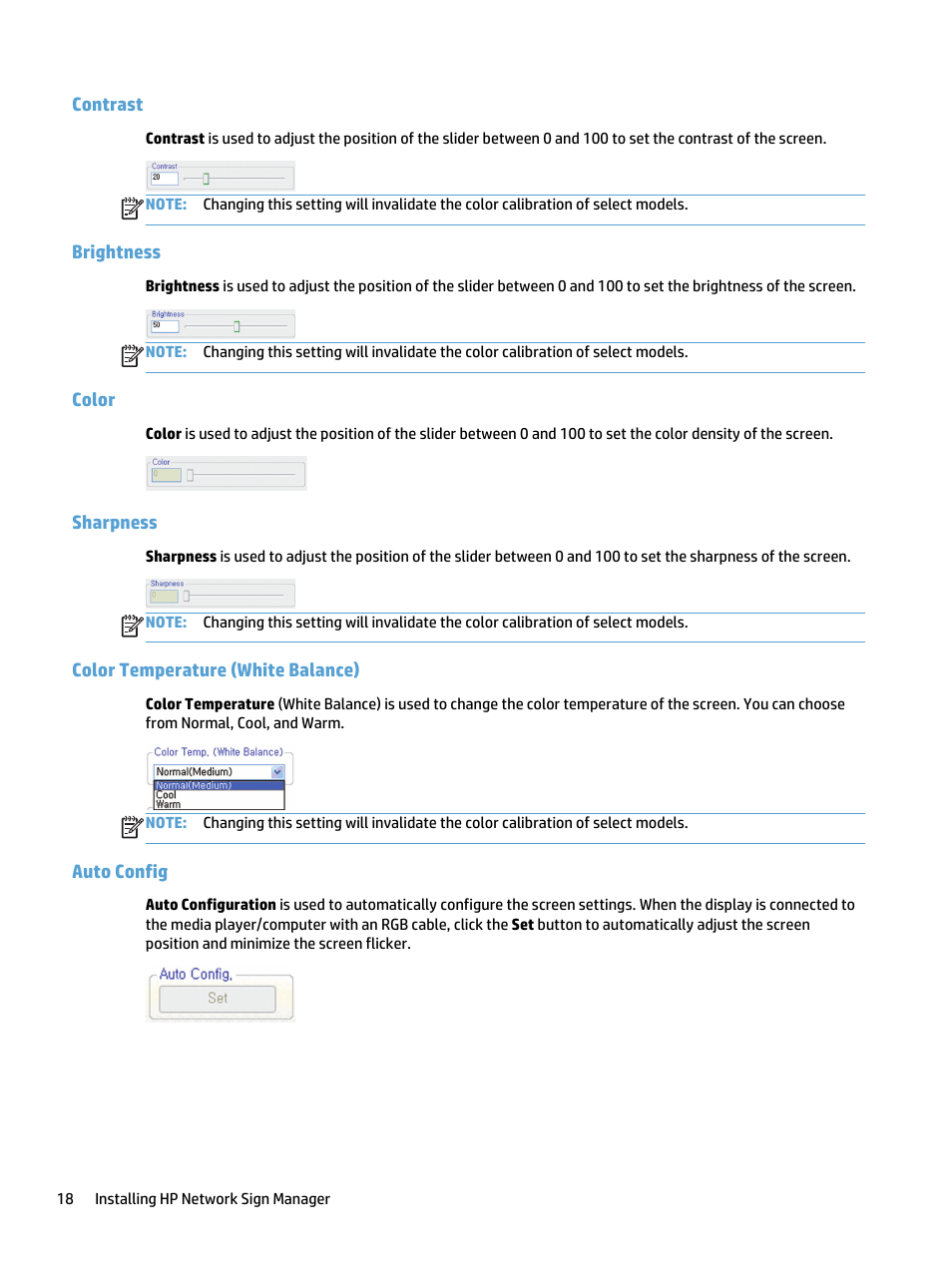 Contrast, Brightness, Color | Sharpness, Color temperature (white balance), Auto config | HP LD5535 55-inch LED Digital Signage Display User Manual | Page 24 / 41