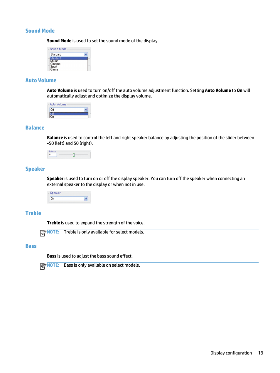 Sound mode, Auto volume, Balance | Speaker, Treble, Bass, Sound mode auto volume balance speaker treble bass | HP LD5535 55-inch LED Digital Signage Display User Manual | Page 25 / 41