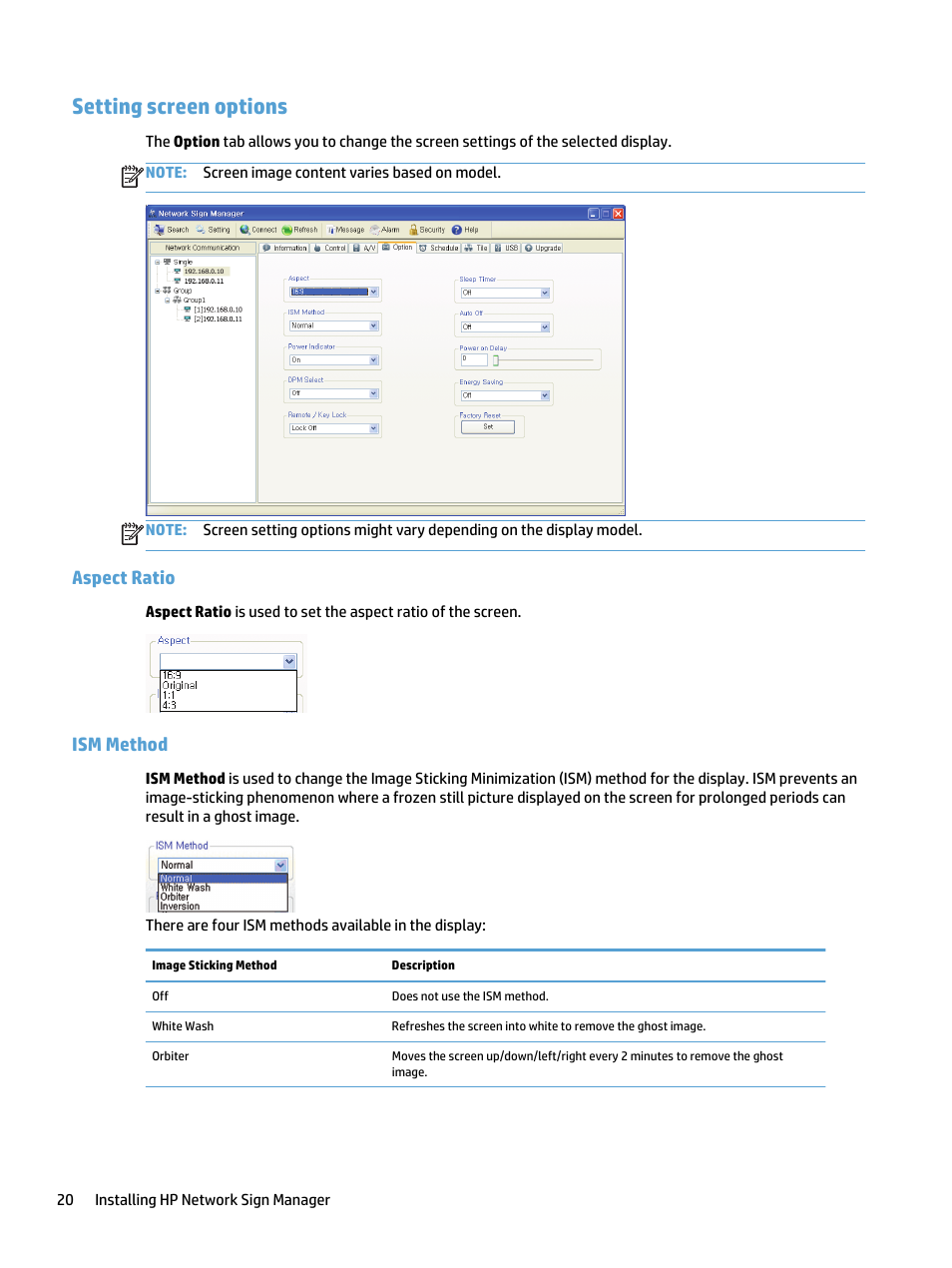 Setting screen options, Aspect ratio, Ism method | Aspect ratio ism method | HP LD5535 55-inch LED Digital Signage Display User Manual | Page 26 / 41
