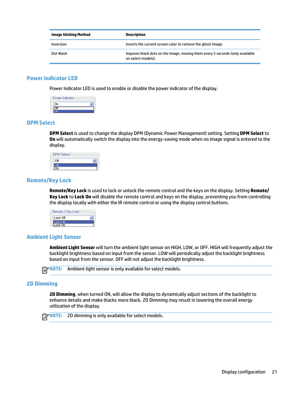 Power indicator led, Dpm select, Remote/key lock | Ambient light sensor, 2d dimming | HP LD5535 55-inch LED Digital Signage Display User Manual | Page 27 / 41