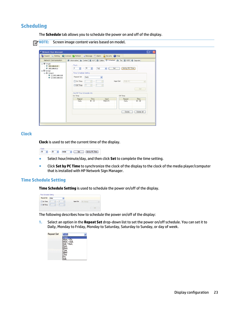 Scheduling, Clock, Time schedule setting | Clock time schedule setting | HP LD5535 55-inch LED Digital Signage Display User Manual | Page 29 / 41