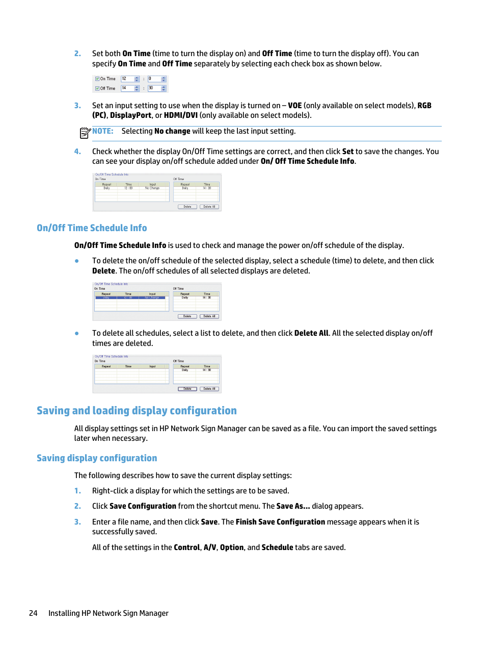 On/off time schedule info, Saving and loading display configuration, Saving display configuration | HP LD5535 55-inch LED Digital Signage Display User Manual | Page 30 / 41